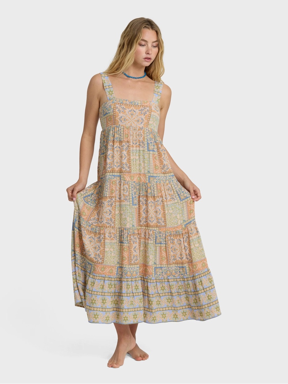 Billabong All Good Print Patchwork Tiered Maxi Dress